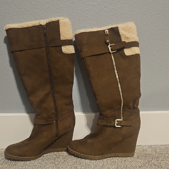Brown Knee-High Wedge Boots - Picture 1 of 2